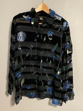 Vintage Womens Top Large Black Floral Velvet Trim Sheer Burnout Whimsigoth Y2K